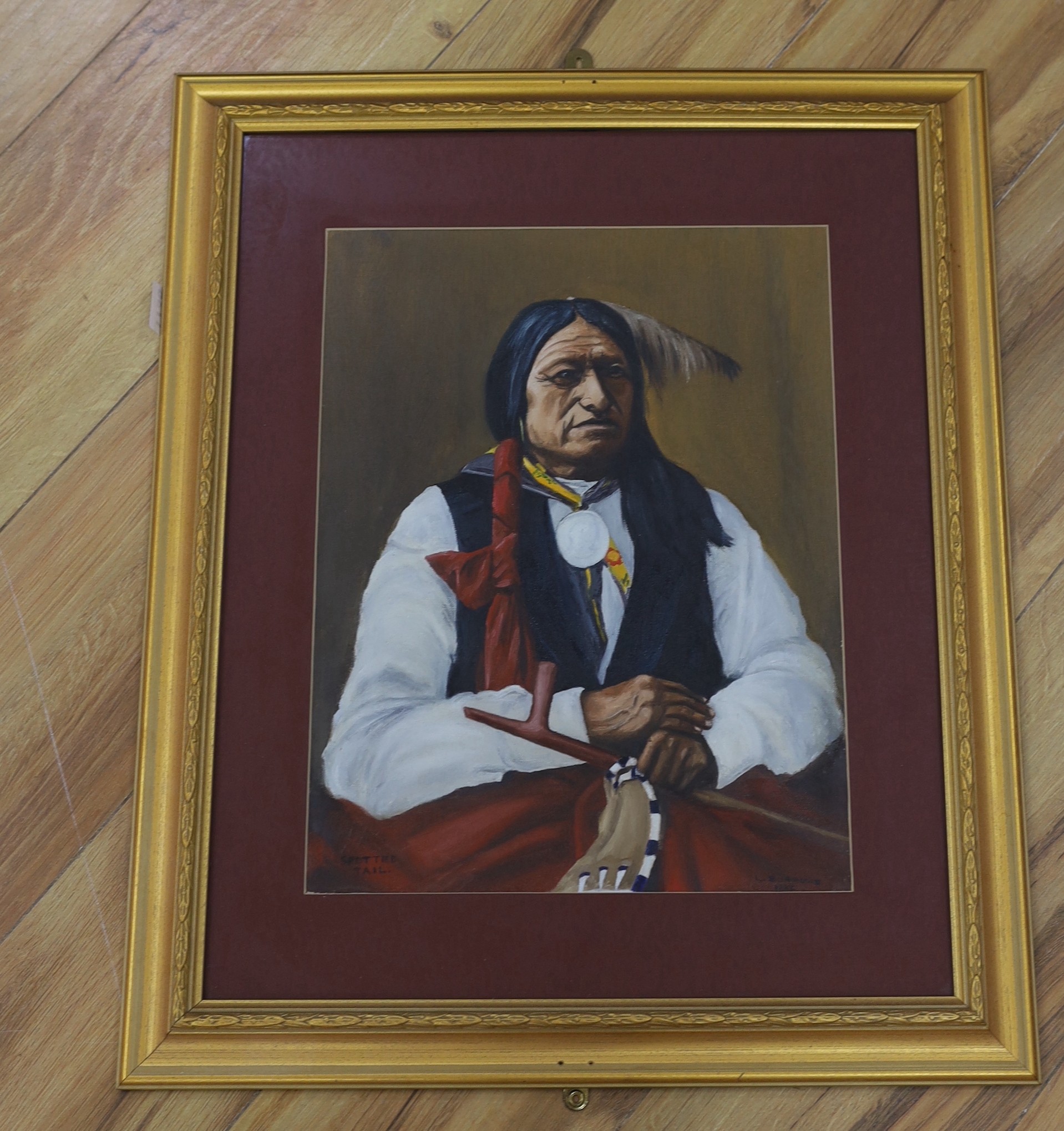 L. Burrows, oil on board, ‘Spotted Tail’ portrait of a Native American gent. Signed and dated 1986, 38x29cm